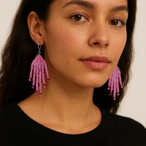 Vibrant Pink Beaded Fringe Earrings